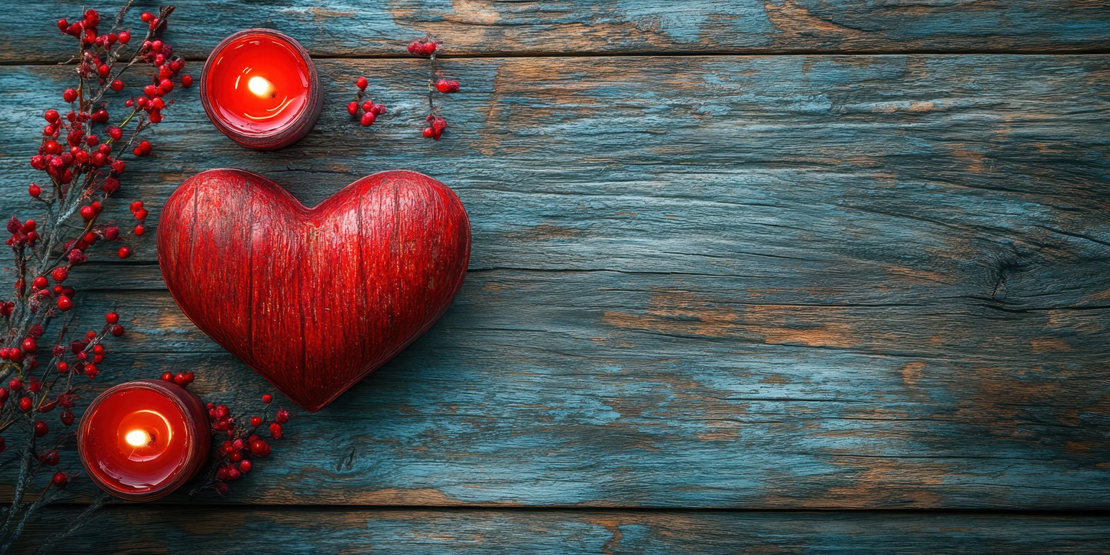 Decorated wooden table with red heart and candles set for a romantic dinner during evening hours